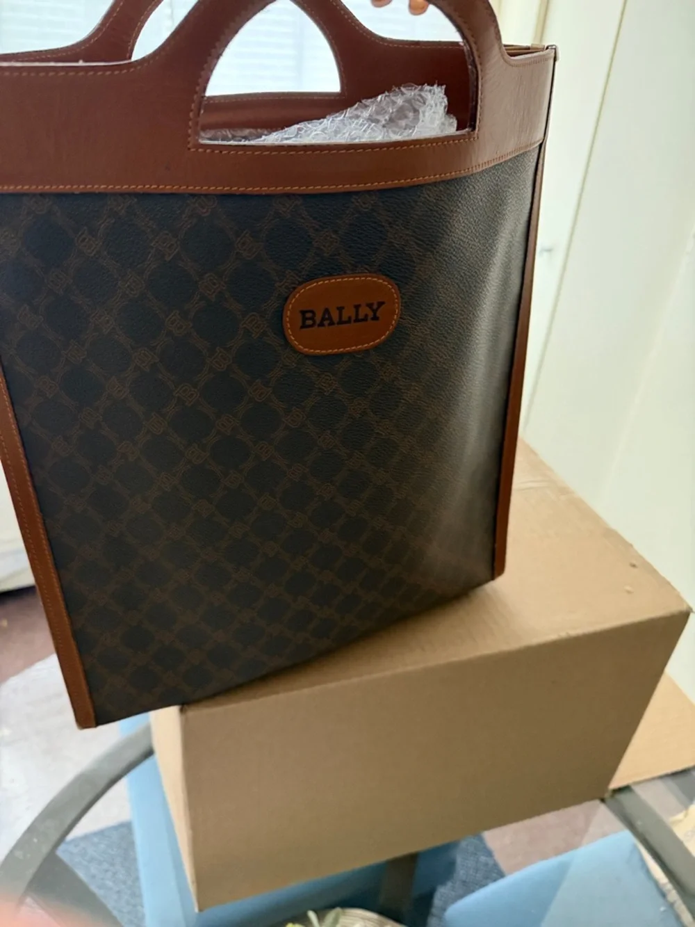 Bally Brown Monogram Tote with Tan Trim authentic